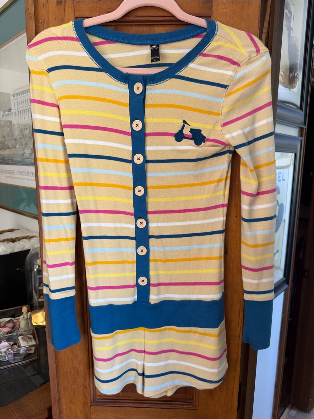 Paul Frank Yellow Striped Button-Front Romper with Blue Trim